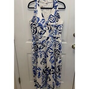 Talbots V-neck Blue Floral White Halter Maxi Dress Lined Womens 12‎